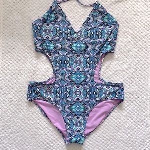Jessica Simpson aqua & lilac cut out one piece swimsuit